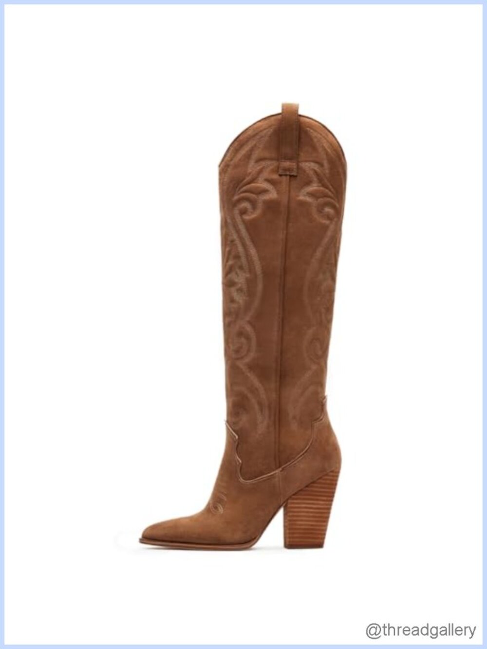 Knee High Cowboy Boots Pointed Toe Chunky Heel Pull On Embroidered Wide Calf